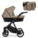 Kombikinderwagen in drei Ansichten: links Seitenansicht mit Babywanne, rechts Frontansicht mit Sportsitz, unten Vorderansicht eines passenden Rucksacks.