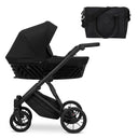 Kombikinderwagen in drei Ansichten: links Seitenansicht mit Babywanne, rechts Frontansicht mit Sportsitz, unten Vorderansicht eines passenden Rucksacks.