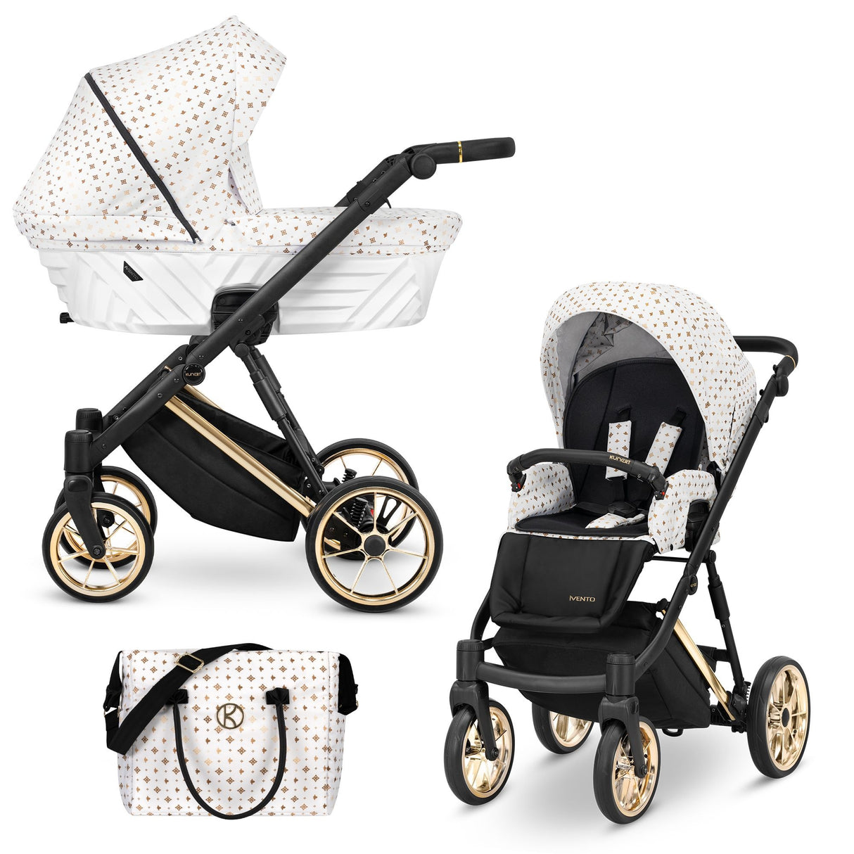 Kombikinderwagen in drei Ansichten: links Seitenansicht mit Babywanne, rechts Frontansicht mit Sportsitz, unten Vorderansicht eines passenden Rucksacks.