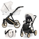 Kombikinderwagen in drei Ansichten: links Seitenansicht mit Babywanne, rechts Frontansicht mit Sportsitz, unten Vorderansicht eines passenden Rucksacks.