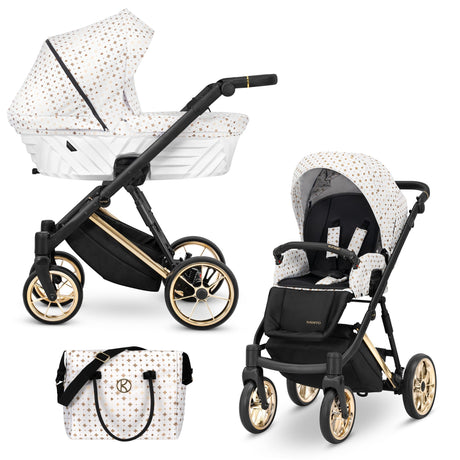 Kombikinderwagen in drei Ansichten: links Seitenansicht mit Babywanne, rechts Frontansicht mit Sportsitz, unten Vorderansicht eines passenden Rucksacks.