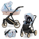 Kombikinderwagen in drei Ansichten: links Seitenansicht mit Babywanne, rechts Frontansicht mit Sportsitz, unten Vorderansicht eines passenden Rucksacks.