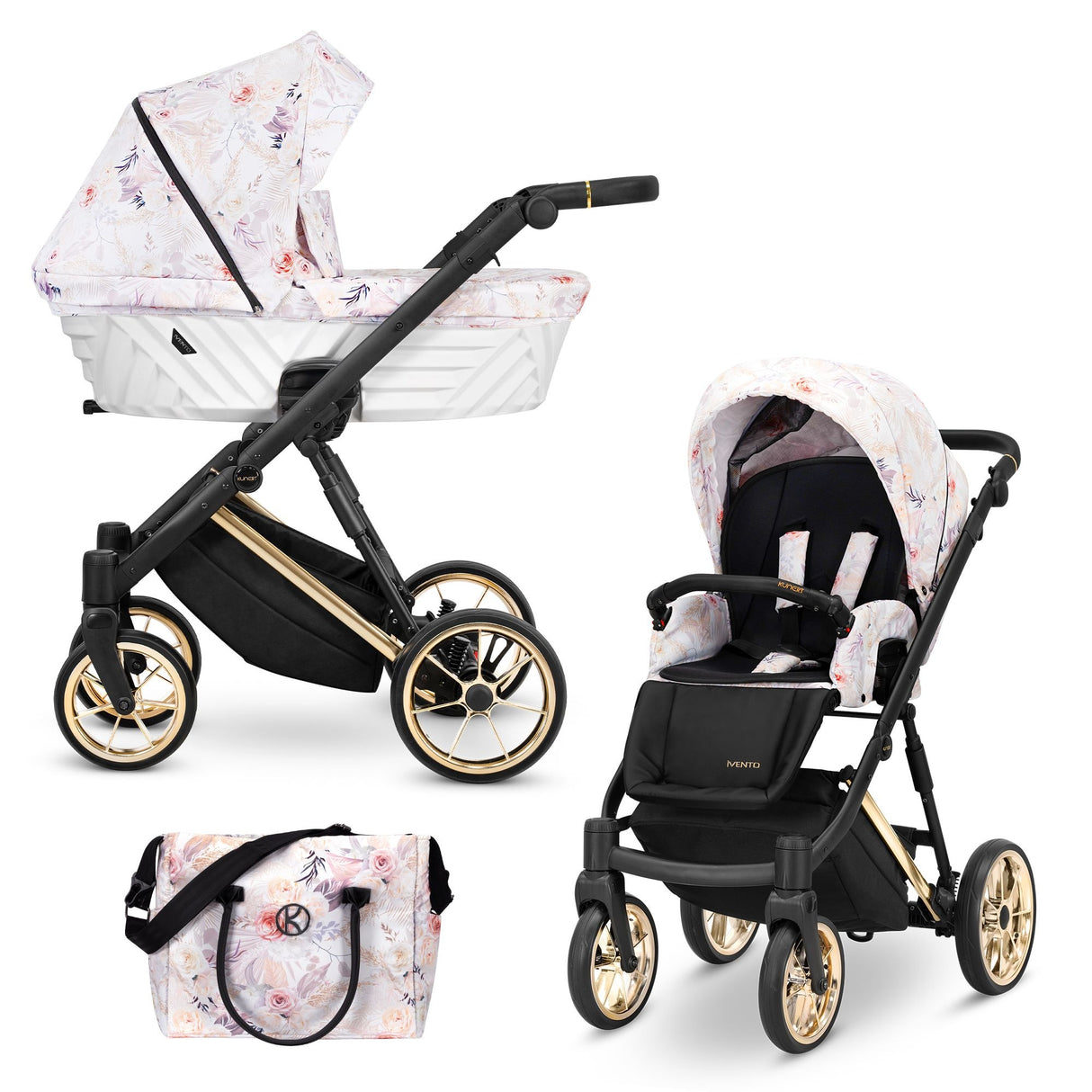 Kombikinderwagen in drei Ansichten: links Seitenansicht mit Babywanne, rechts Frontansicht mit Sportsitz, unten Vorderansicht eines passenden Rucksacks.