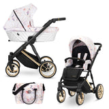 Kombikinderwagen in drei Ansichten: links Seitenansicht mit Babywanne, rechts Frontansicht mit Sportsitz, unten Vorderansicht eines passenden Rucksacks.