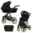 Kombikinderwagen in drei Ansichten: links Seitenansicht mit Babywanne, rechts Frontansicht mit Sportsitz, unten Vorderansicht eines passenden Rucksacks.