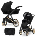 Kombikinderwagen in drei Ansichten: links Seitenansicht mit Babywanne, rechts Frontansicht mit Sportsitz, unten Vorderansicht eines passenden Rucksacks.