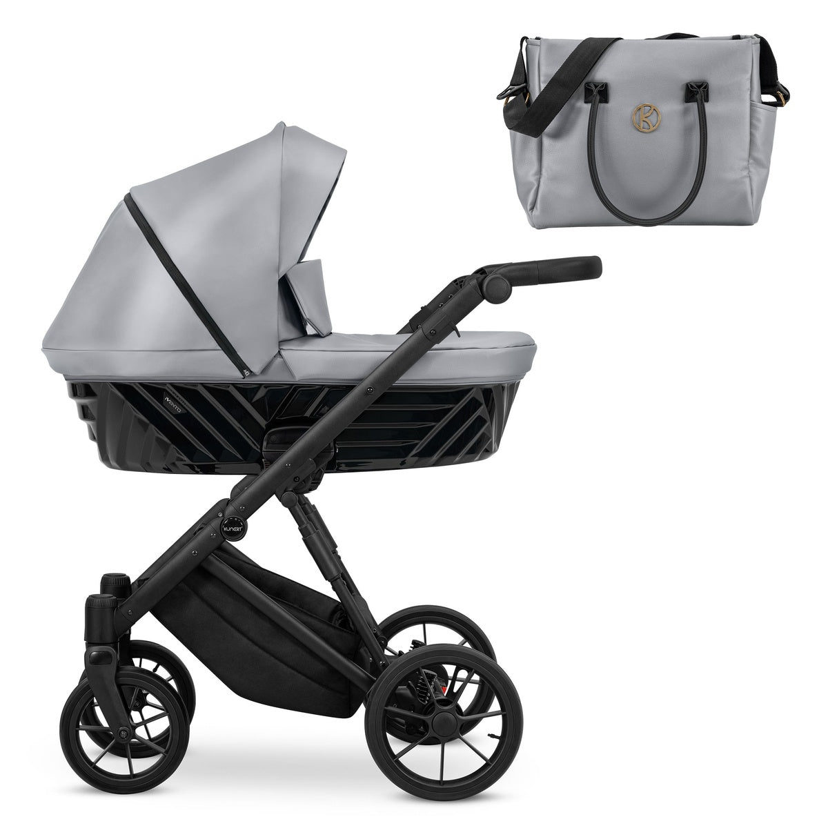 Kombikinderwagen in drei Ansichten: links Seitenansicht mit Babywanne, rechts Frontansicht mit Sportsitz, unten Vorderansicht eines passenden Rucksacks.