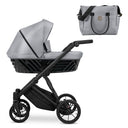 Kombikinderwagen in drei Ansichten: links Seitenansicht mit Babywanne, rechts Frontansicht mit Sportsitz, unten Vorderansicht eines passenden Rucksacks.