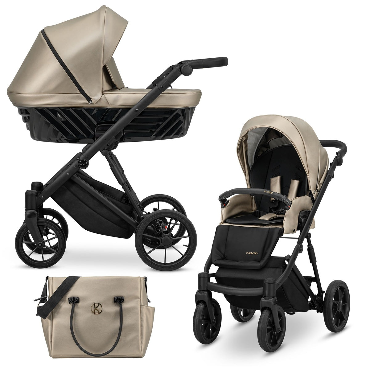 Kombikinderwagen in drei Ansichten: links Seitenansicht mit Babywanne, rechts Frontansicht mit Sportsitz, unten Vorderansicht eines passenden Rucksacks.
