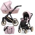 Kombikinderwagen in drei Ansichten: links Seitenansicht mit Babywanne, rechts Frontansicht mit Sportsitz, unten Vorderansicht eines passenden Rucksacks.