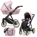 Kombikinderwagen in drei Ansichten: links Seitenansicht mit Babywanne, rechts Frontansicht mit Sportsitz, unten Vorderansicht eines passenden Rucksacks.