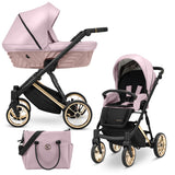 Kombikinderwagen in drei Ansichten: links Seitenansicht mit Babywanne, rechts Frontansicht mit Sportsitz, unten Vorderansicht eines passenden Rucksacks.