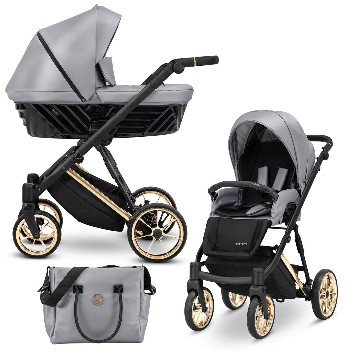 Kombikinderwagen in drei Ansichten: links Seitenansicht mit Babywanne, rechts Frontansicht mit Sportsitz, unten Vorderansicht eines passenden Rucksacks.