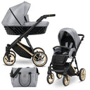 Kombikinderwagen in drei Ansichten: links Seitenansicht mit Babywanne, rechts Frontansicht mit Sportsitz, unten Vorderansicht eines passenden Rucksacks.