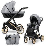 Kombikinderwagen in drei Ansichten: links Seitenansicht mit Babywanne, rechts Frontansicht mit Sportsitz, unten Vorderansicht eines passenden Rucksacks.