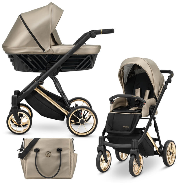 Kombikinderwagen in drei Ansichten: links Seitenansicht mit Babywanne, rechts Frontansicht mit Sportsitz, unten Vorderansicht eines passenden Rucksacks.