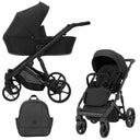 Schwarzer Kombikinderwagen in drei Ansichten: links Seitenansicht mit Babywanne, rechts Frontansicht mit Sportsitz, unten Vorderansicht eines passenden Rucksacks.