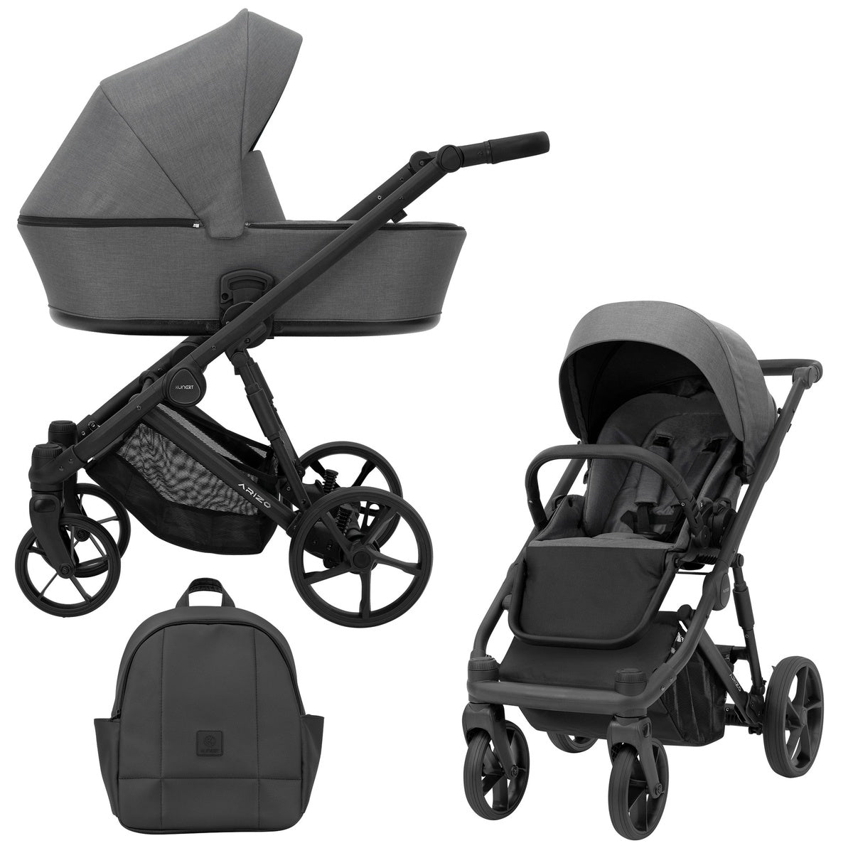 Graphitfarbener Kombikinderwagen in drei Ansichten: links Seitenansicht mit Babywanne, rechts Frontansicht mit Sportsitz, unten Vorderansicht eines passenden Rucksacks.