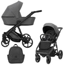 Graphitfarbener Kombikinderwagen in drei Ansichten: links Seitenansicht mit Babywanne, rechts Frontansicht mit Sportsitz, unten Vorderansicht eines passenden Rucksacks.