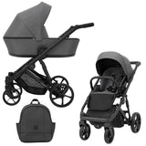 Graphitfarbener Kombikinderwagen in drei Ansichten: links Seitenansicht mit Babywanne, rechts Frontansicht mit Sportsitz, unten Vorderansicht eines passenden Rucksacks.