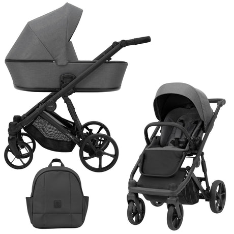 Graphitfarbener Kombikinderwagen in drei Ansichten: links Seitenansicht mit Babywanne, rechts Frontansicht mit Sportsitz, unten Vorderansicht eines passenden Rucksacks.