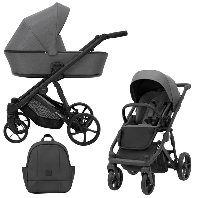 Graphitfarbener Kombikinderwagen in drei Ansichten: links Seitenansicht mit Babywanne, rechts Frontansicht mit Sportsitz, unten Vorderansicht eines passenden Rucksacks.