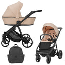 Pinker Kombikinderwagen in drei Ansichten: links Seitenansicht mit Babywanne, rechts Frontansicht mit Sportsitz, unten Vorderansicht eines passenden Rucksacks.