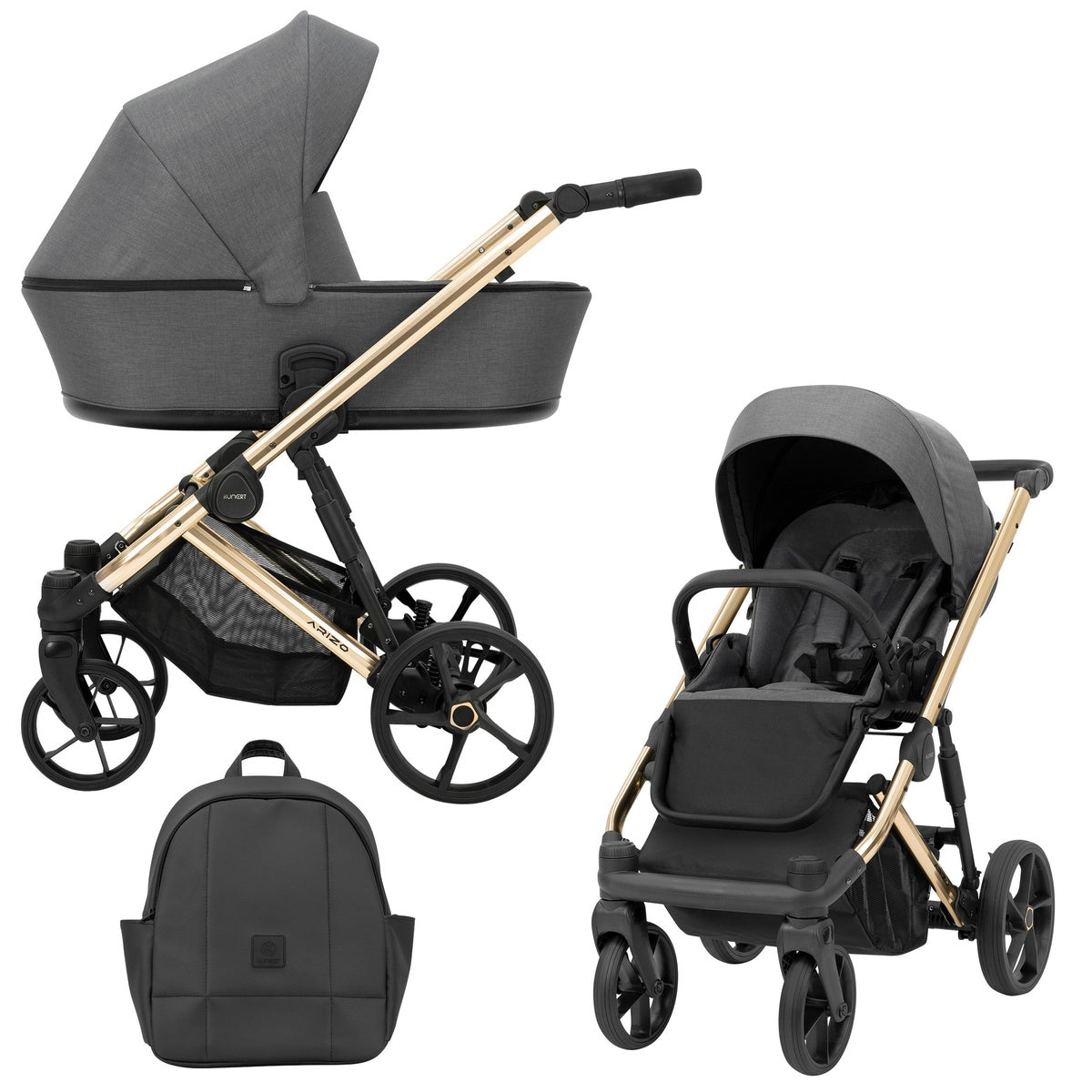 Grauer Kombikinderwagen mit goldenem Gestell in drei Ansichten: links Seitenansicht mit Babywanne, rechts Frontansicht mit Sportsitz, unten Vorderansicht eines passenden Rucksacks.