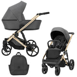 Grauer Kombikinderwagen mit goldenem Gestell in drei Ansichten: links Seitenansicht mit Babywanne, rechts Frontansicht mit Sportsitz, unten Vorderansicht eines passenden Rucksacks.