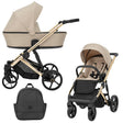 Cremefarbener Kombikinderwagen mit goldenem Gestell in drei Ansichten: links Seitenansicht mit Babywanne, rechts Frontansicht mit Sportsitz, unten Vorderansicht eines passenden Rucksacks.