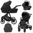 Schwarzer Kombikinderwagen in drei Ansichten: links Seitenansicht mit Babywanne, rechts Frontansicht mit Sportsitz, unten Vorderansicht eines passenden Rucksacks, rechts oben Ansicht eines passenden Autositz dazu.