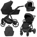 Schwarzer Kombikinderwagen in drei Ansichten: links Seitenansicht mit Babywanne, rechts Frontansicht mit Sportsitz, unten Vorderansicht eines passenden Rucksacks, rechts oben Ansicht eines passenden Autositz dazu.