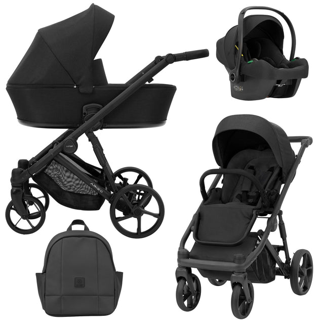 Schwarzer Kombikinderwagen in drei Ansichten: links Seitenansicht mit Babywanne, rechts Frontansicht mit Sportsitz, unten Vorderansicht eines passenden Rucksacks, rechts oben Ansicht eines passenden Autositz dazu.