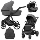 Graphitfarbener Kombikinderwagen in drei Ansichten: links Seitenansicht mit Babywanne, rechts Frontansicht mit Sportsitz, unten Vorderansicht eines passenden Rucksacks rechts oben Ansicht eines passenden Autositz dazu.