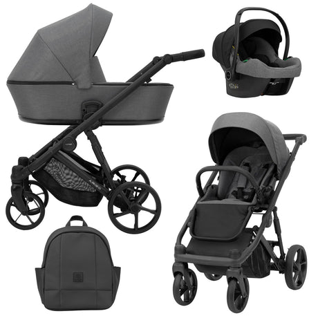 Graphitfarbener Kombikinderwagen in drei Ansichten: links Seitenansicht mit Babywanne, rechts Frontansicht mit Sportsitz, unten Vorderansicht eines passenden Rucksacks rechts oben Ansicht eines passenden Autositz dazu.