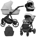 Grauer Kombikinderwagen in drei Ansichten: links Seitenansicht mit Babywanne, rechts Frontansicht mit Sportsitz, unten Vorderansicht eines passenden Rucksacks, rechts oben Ansicht eines passenden Autositz dazu.