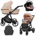 Pinker Kombikinderwagen in drei Ansichten: links Seitenansicht mit Babywanne, rechts Frontansicht mit Sportsitz, unten Vorderansicht eines passenden Rucksacks, rechts oben Ansicht eines passenden Autositz dazu.