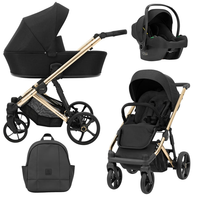 Schwarzer Kombikinderwagen in drei Ansichten: links Seitenansicht mit Babywanne, rechts Frontansicht mit Sportsitz, unten Vorderansicht eines passenden Rucksacks, rechts oben Ansicht eines passenden Autositz dazu.