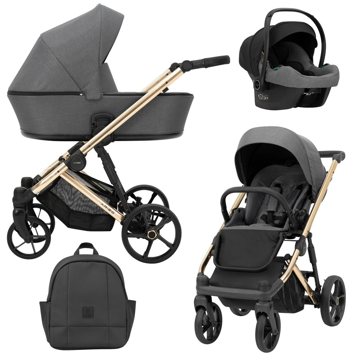 Grauer Kombikinderwagen mit goldenem Gestell in drei Ansichten: links Seitenansicht mit Babywanne, rechts Frontansicht mit Sportsitz, unten Vorderansicht eines passenden Rucksacks, rechts oben Ansicht eines passenden Autositz dazu.