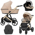 Cremefarbener Kombikinderwagen mit goldenem Gestell in drei Ansichten: links Seitenansicht mit Babywanne, rechts Frontansicht mit Sportsitz, unten Vorderansicht eines passenden Rucksacks, rechts oben Ansicht eines passenden Autositz dazu.