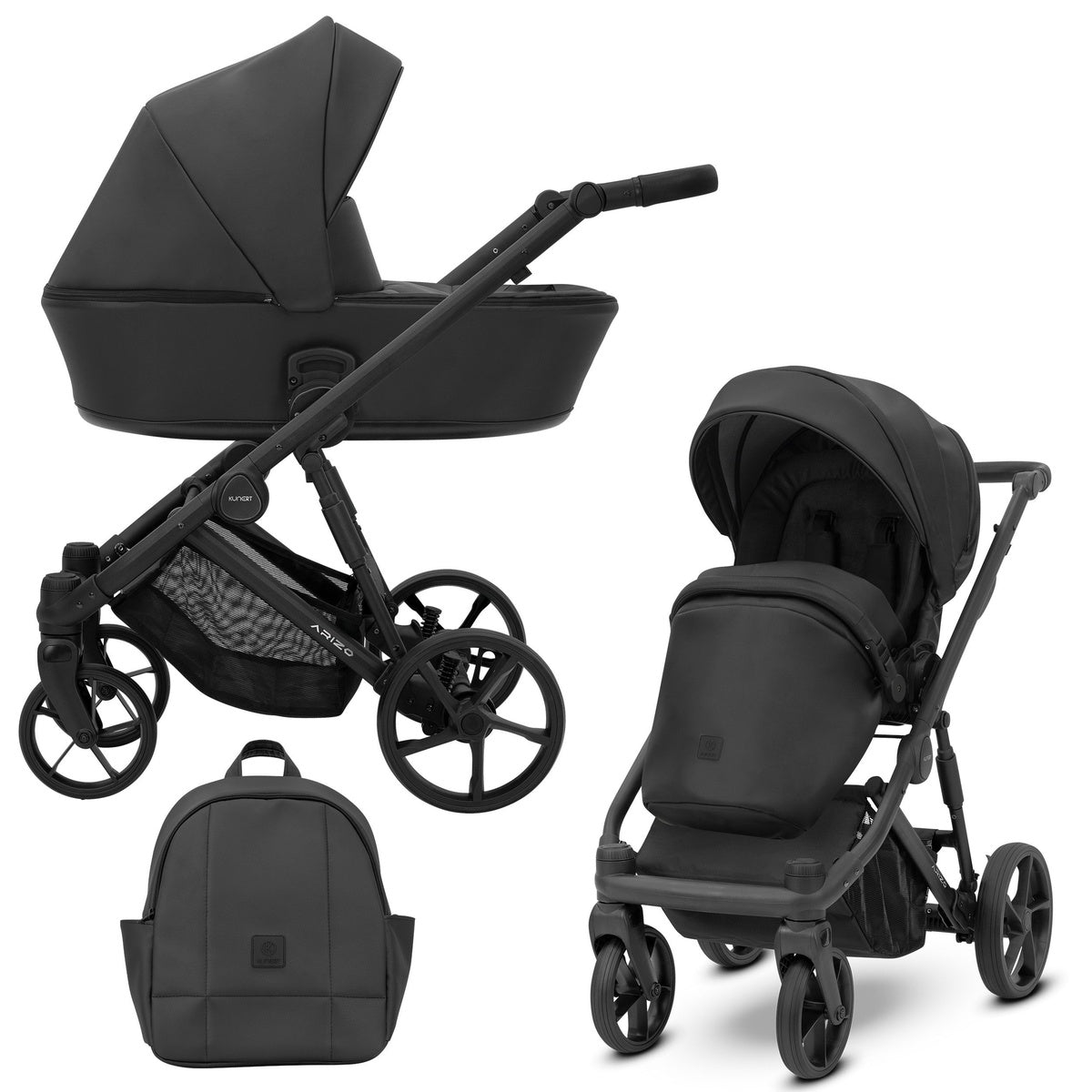 Kombikinderwagen in zwei Ansichten: links Seitenansicht, rechts Frontansicht, unten Vorderansicht eines passenden Rucksacks.