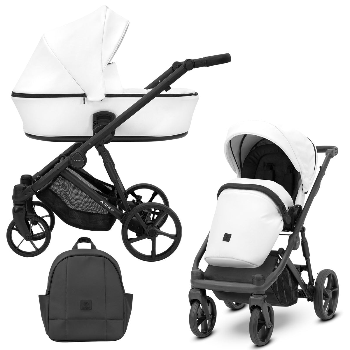 Weißer Kombikinderwagen in drei Ansichten: links Seitenansicht mit Babywanne, rechts Frontansicht mit Sportsitz, unten Vorderansicht eines passenden Rucksacks.