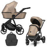 Schwarzer Kombikinderwagen in drei Ansichten: links Seitenansicht mit Babywanne, rechts Frontansicht mit Sportsitz, unten Vorderansicht eines passenden Rucksacks.