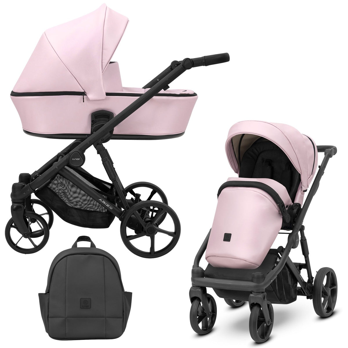 Hellpinker Kombikinderwagen in drei Ansichten: links Seitenansicht mit Babywanne, rechts Frontansicht mit Sportsitz, unten Vorderansicht eines passenden Rucksacks.