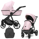 Hellpinker Kombikinderwagen in drei Ansichten: links Seitenansicht mit Babywanne, rechts Frontansicht mit Sportsitz, unten Vorderansicht eines passenden Rucksacks.