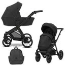 Kombikinderwagen in drei Ansichten: links Seitenansicht mit Babywanne, rechts Frontansicht mit Sportsitz, unten Vorderansicht eines passenden Rucksacks.