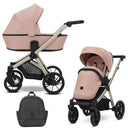 Kombikinderwagen in zwei Ansichten: links Seitenansicht, rechts Frontansicht, unten Vorderansicht eines passenden Rucksacks.