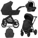 Kombikinderwagen in drei Ansichten: links Seitenansicht mit Babywanne, rechts Frontansicht, unten Vorderansicht eines passenden Rucksacks.