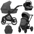 Kombikinderwagen in drei Ansichten: links Seitenansicht mit Babywanne, rechts Frontansicht mit Sportsitz, unten Vorderansicht eines passenden Rucksacks, rechts oben Ansicht eines passenden Autositz dazu.