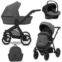 Kombikinderwagen in drei Ansichten: links Seitenansicht mit Babywanne, rechts Frontansicht mit Sportsitz, unten Vorderansicht eines passenden Rucksacks, rechts oben Ansicht eines passenden Autositz dazu.